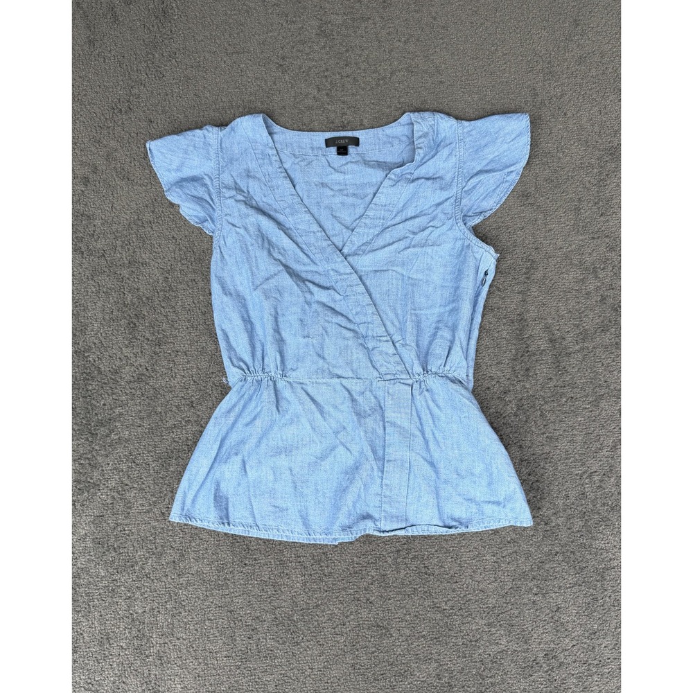 J.Crew Girls 4T Light Blue Cotton Chambray Wrap Peplum Flutter Sleeve Top